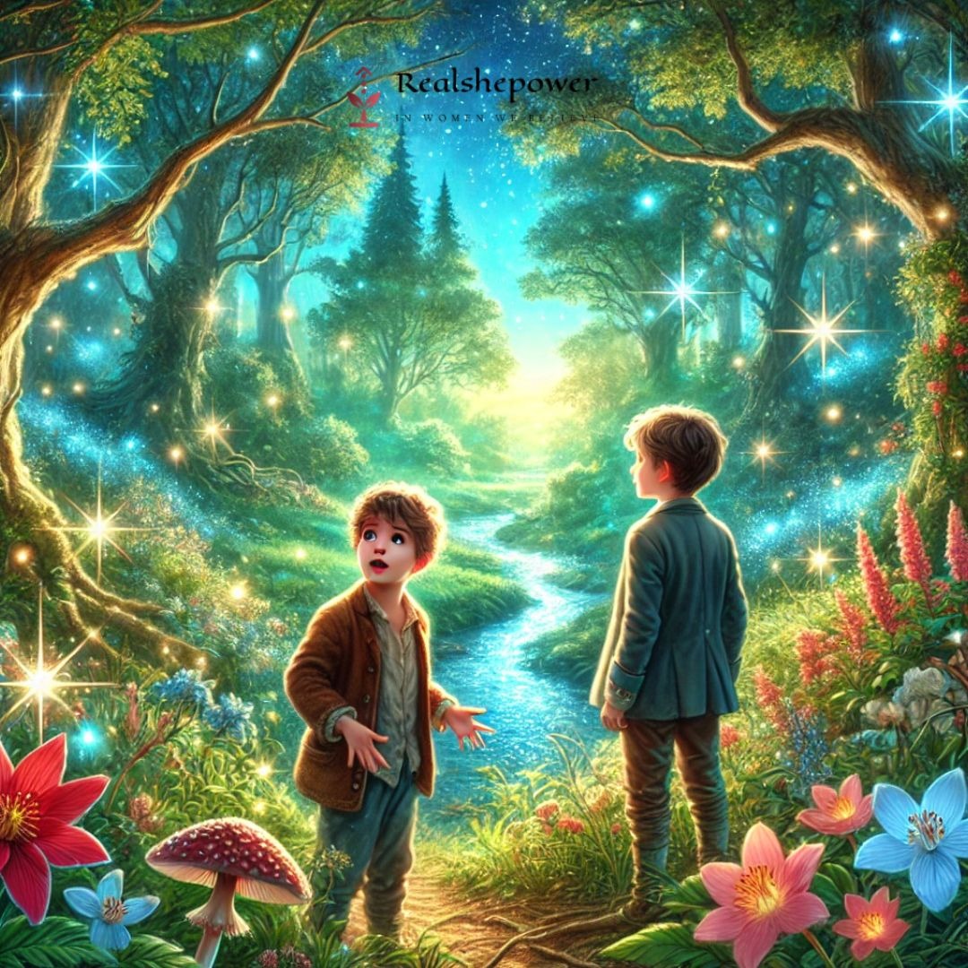 a boy and a girl standing in front of a forest