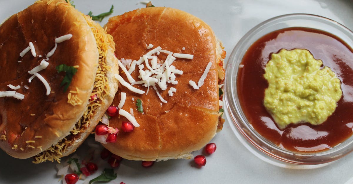 Top view of spicy Indian street food burgers served with flavorful chutney dips.