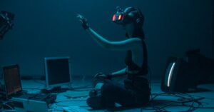 Woman immersed in virtual reality, surrounded by tech, in a dimly lit room.मेटावर्स और वेब 3.0: 2026 में इंटरनेट के नए युग की संपूर्ण जानकारी